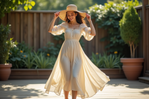 Jeune femme en robe d'été dansant en plein air avec chapeau