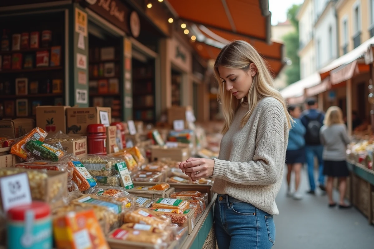 Jeune femme examinant un produit dans un marché en plein air