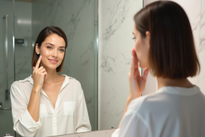 Jeune femme regardant son reflet dans le miroir en toute naturel