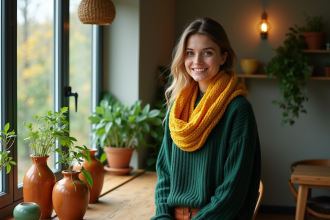 Jeune femme souriante dans un salon cosy avec plantes vertes