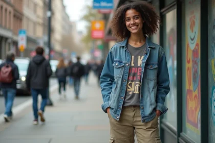 Jeune femme en streetwear décontracté dans la ville