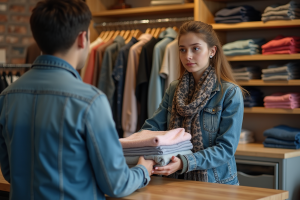 Jeune femme échangeant des vêtements dans une boutique vintage