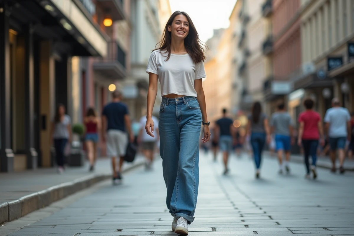 Femme en jeans décontractés marchant en ville