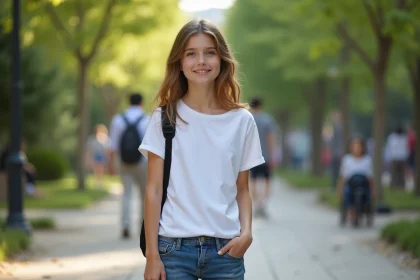 Jeune fille de 15 ans en denim et T-shirt blanc en ext&eacute;rieur