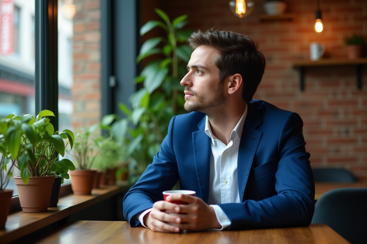Jeune homme en costume bleu dans un café avec plantes vertes
