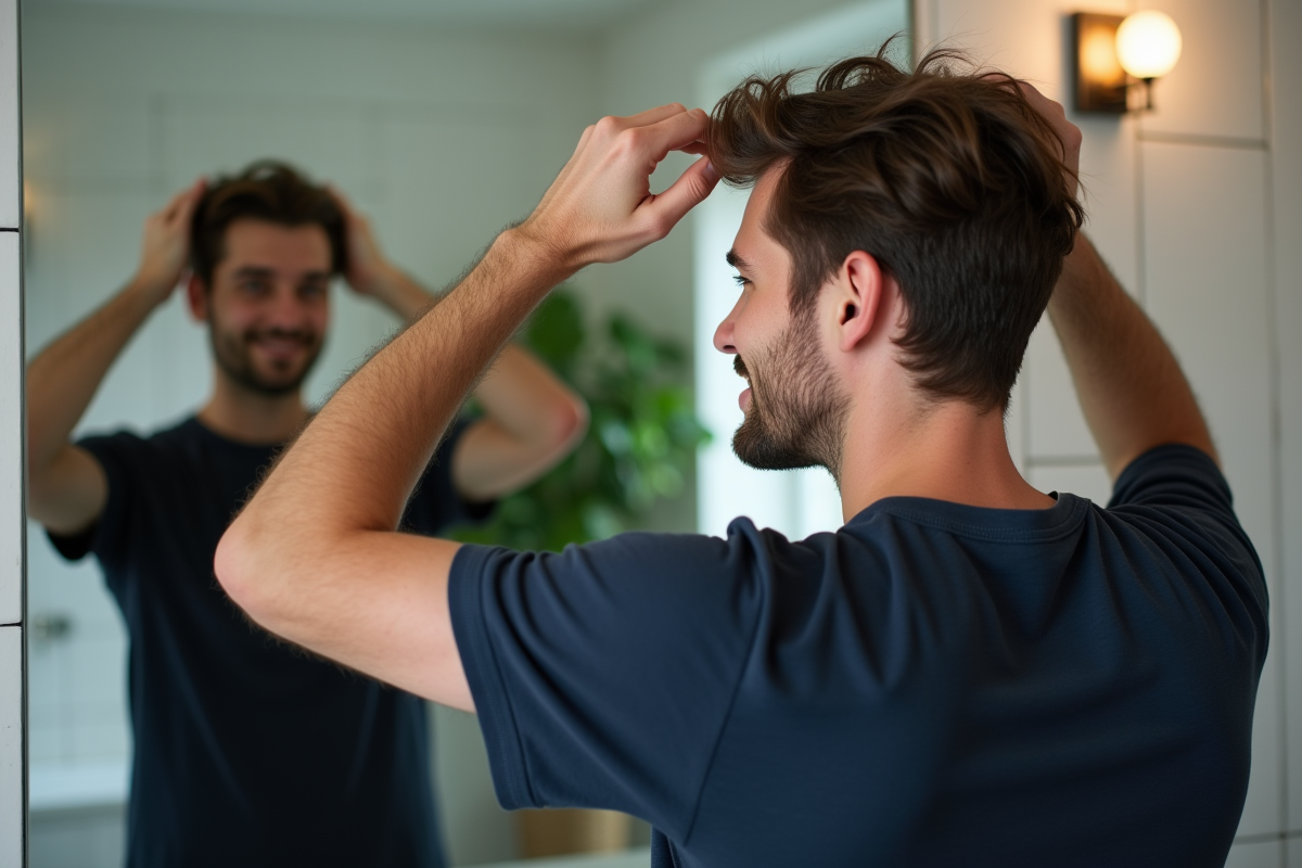 Jeune homme se coiffant devant un miroir à la maison