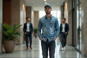 Jeune homme en denim dans un hall moderne de bureau