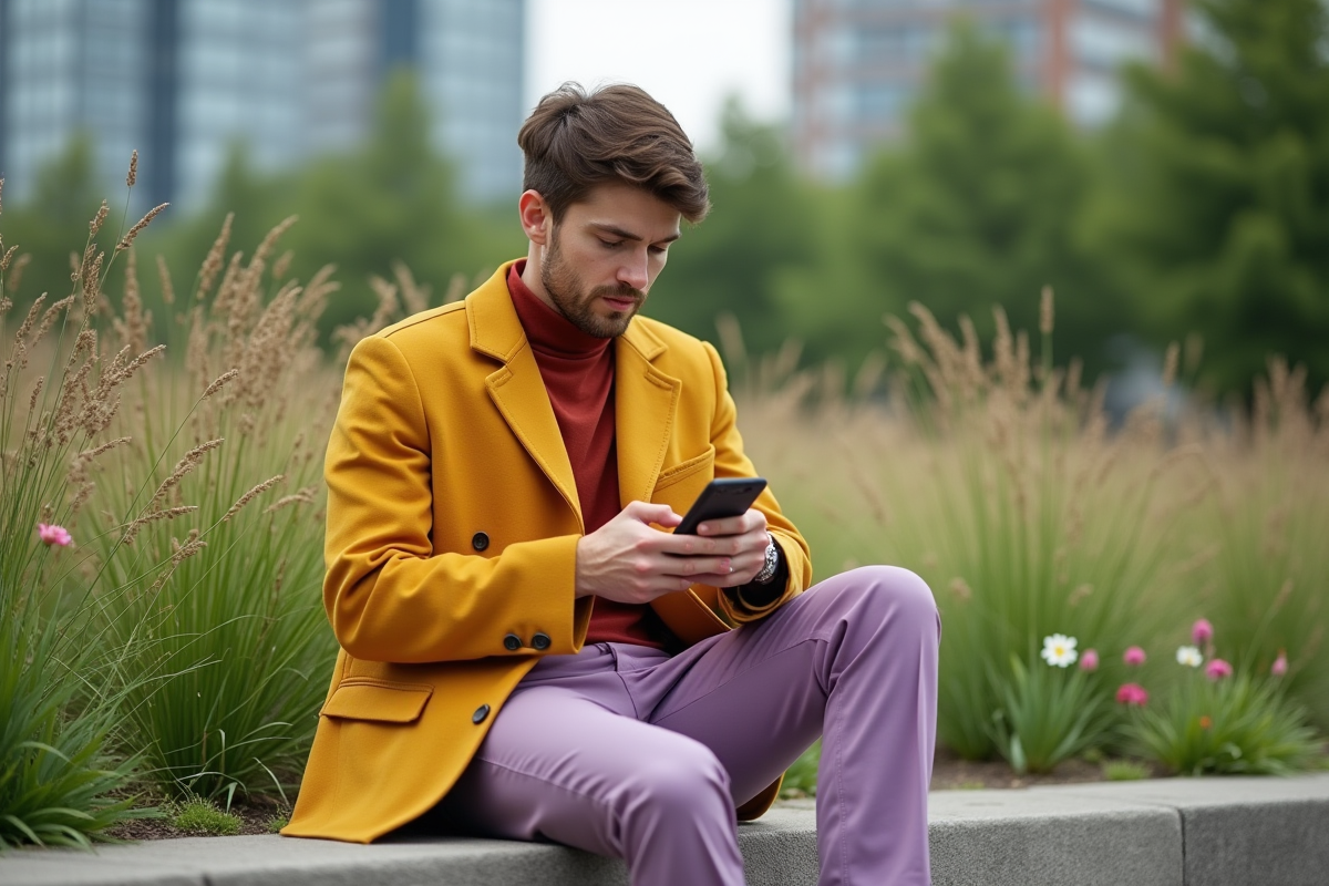 Jeune homme assis dans un parc urbain vérifiant son téléphone
