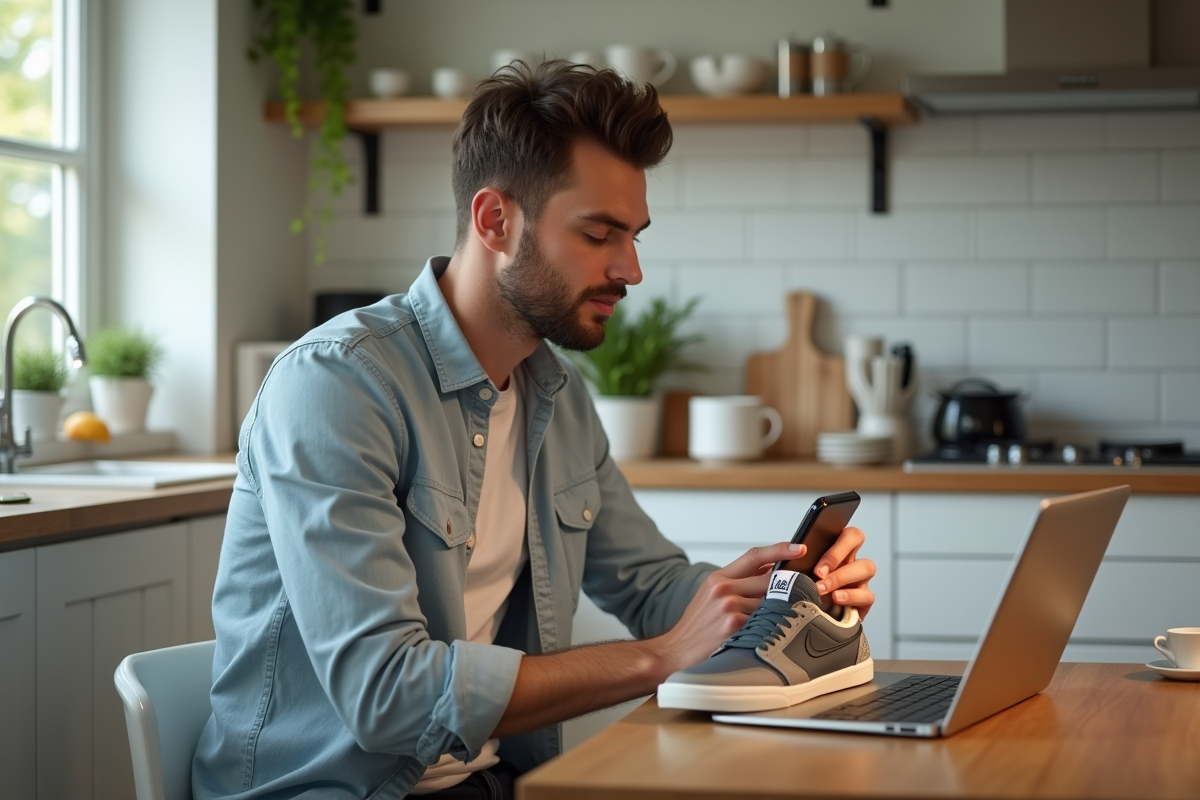 Jeune homme prend en photo une sneaker dans la cuisine