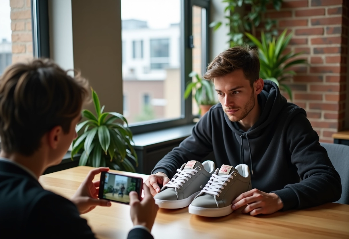 Homme prenant en photo des sneakers pour vente en intérieur