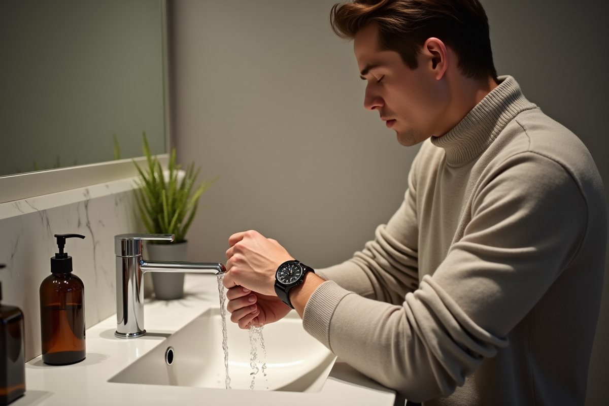 Jeune homme rinçant une montre dans une salle de bain moderne