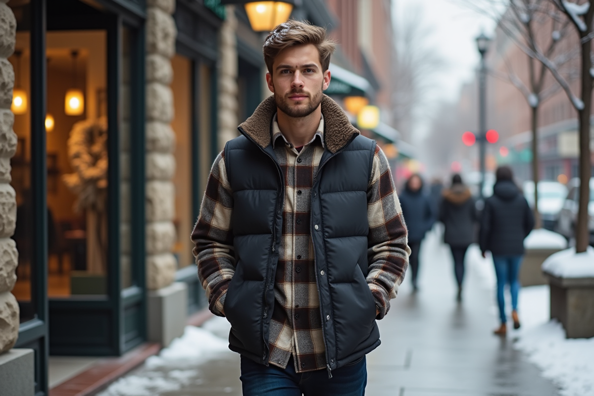 Jeune homme en veste dans une rue urbaine enneigee