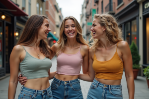 Jeunes femmes souriantes en crop tops dans la ville