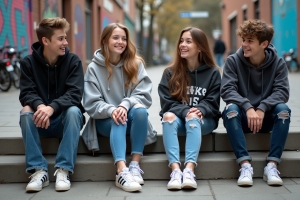 Groupe d'adolescents en streetwear dans une cour urbaine