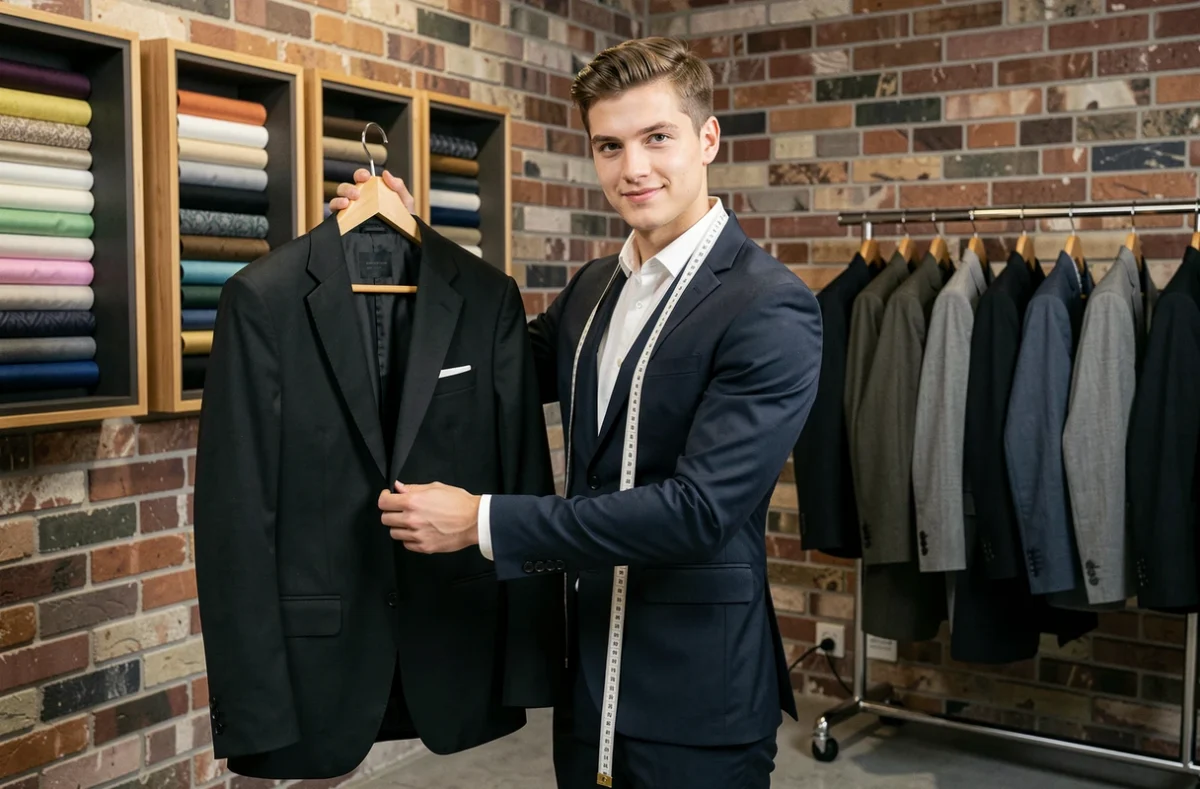 Tailleur de JP Costumes à Strasbourg présentant un costume noir sur mesure terminé dans son atelier