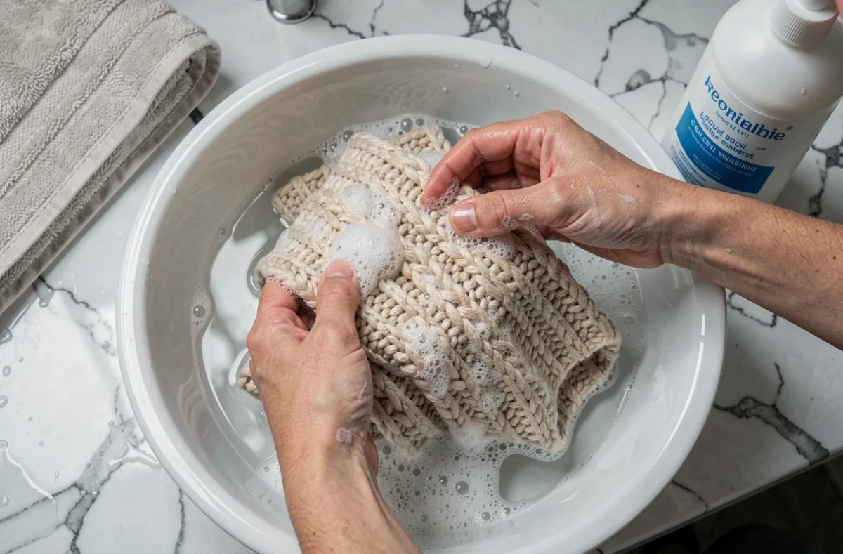 Mains lavant délicatement un pull en laine dans un bassin d'eau savonneuse pour éviter le rétrécissement