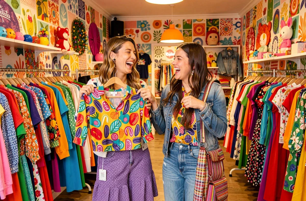 Boutique Les Piplettes à Toulouse avec deux clientes joyeuses entourées de vêtements colorés et imprimés