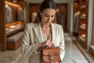 Femme élégante examinant un sac à main de marque avec logo monogramme dans une boutique de luxe minimaliste