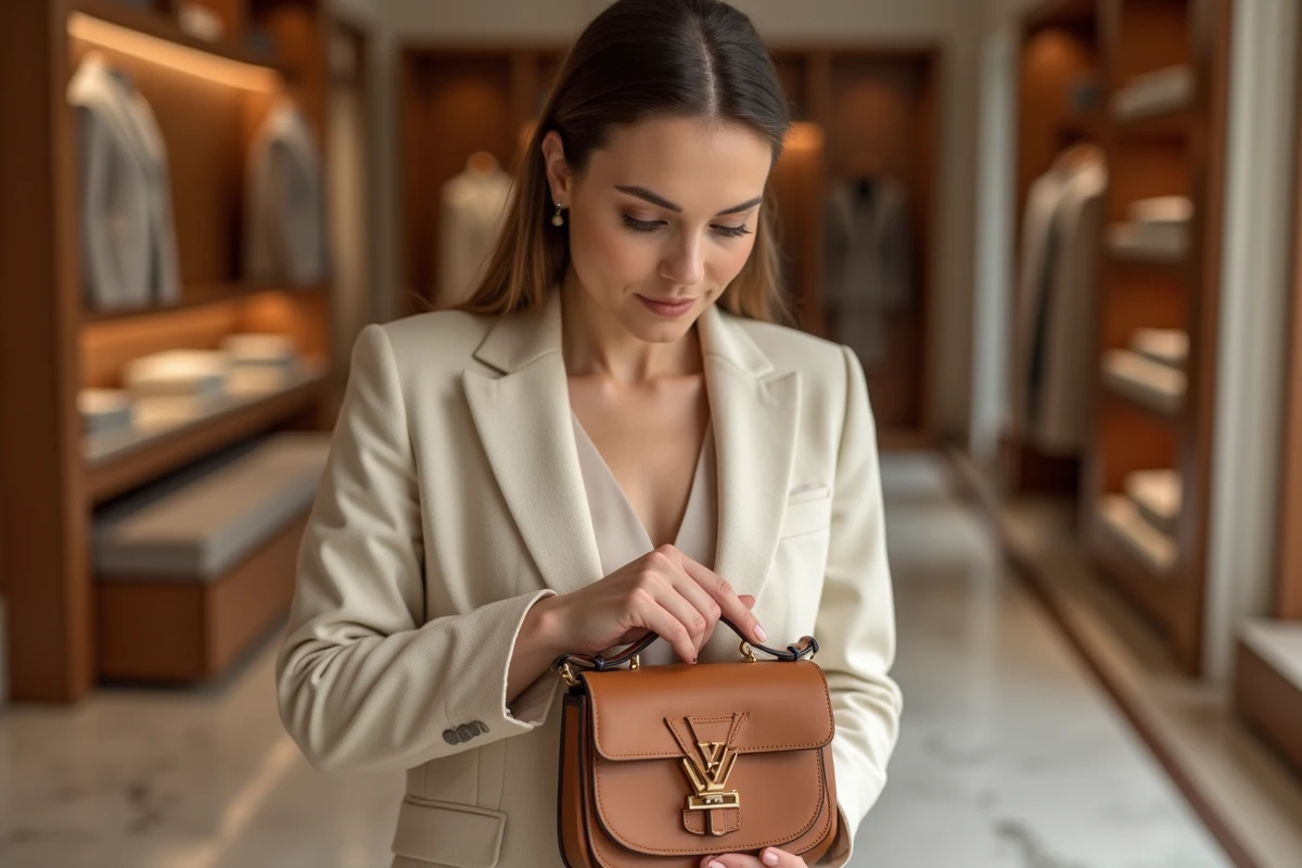 Femme élégante examinant un sac à main de marque avec logo monogramme dans une boutique de luxe minimaliste