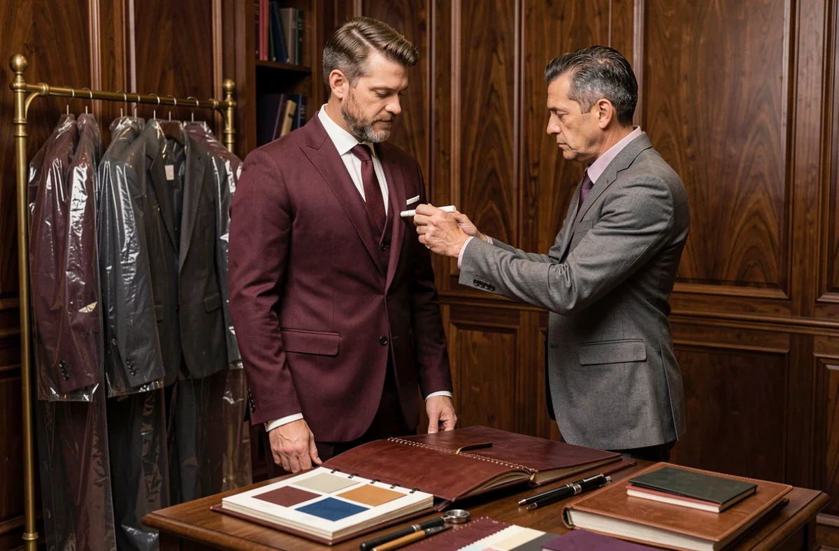 Client en costume bourgogne sur mesure en cours d'ajustement chez Louis Purple à Metz