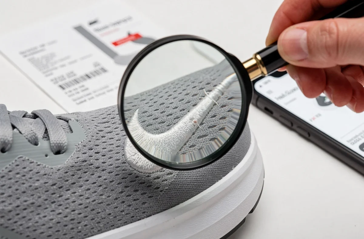 Loupe grossissant le logo Nike swoosh d'une sneaker pour identifier les défauts d'une contrefaçon