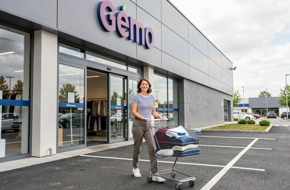 Cliente à l'entrée d'un magasin Gémo avec vêtements dans un chariot de shopping