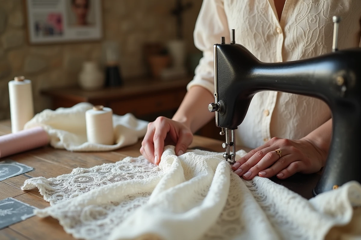 Gros plan sur les mains d'une couturière travaillant de la dentelle sur une machine à coudre vintage