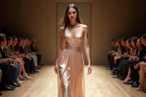 Jeune femme mannequin en robe de haute couture sur le podium