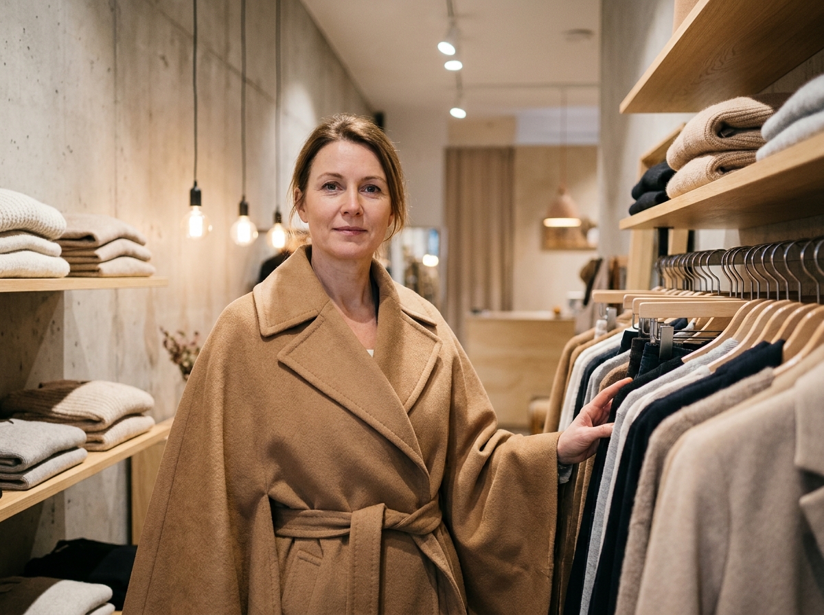 Femme en manteau cape camel à larges revers dans une boutique de mode minimaliste style scandinave