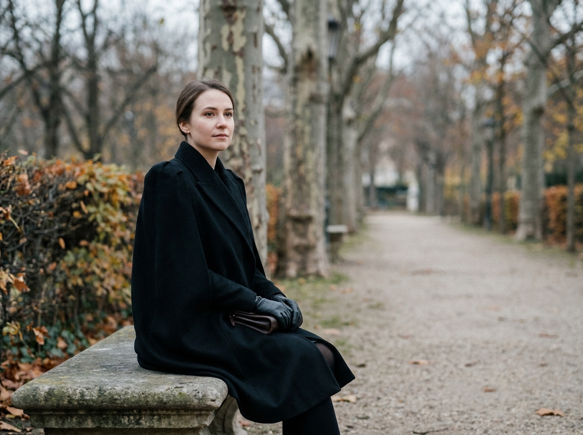 Femme assise sur un banc de jardin public portant un manteau cape en cachemire noir en arrière-saison