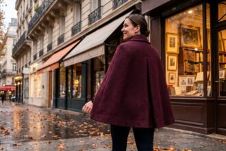 Femme portant un manteau cape en laine bordeaux marchant dans une rue pavée parisienne en automne