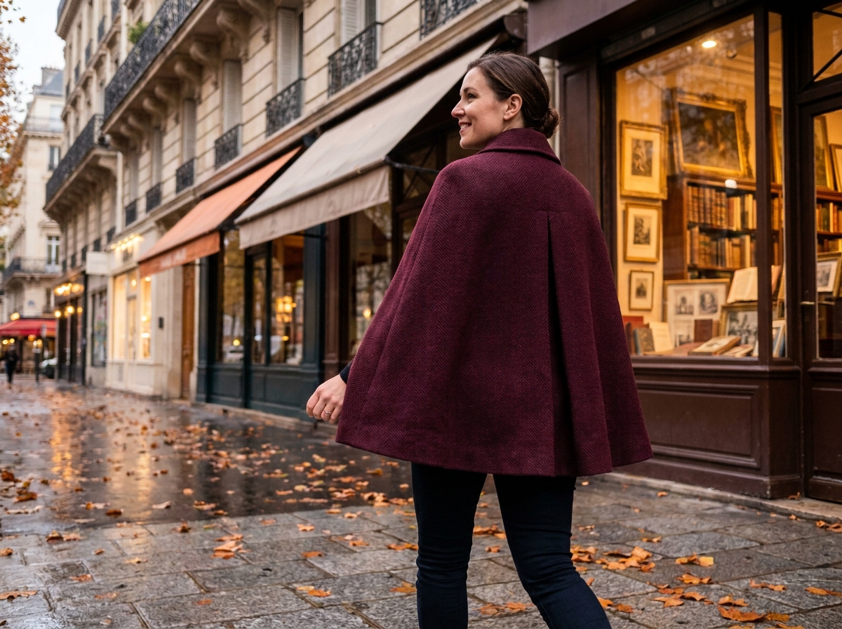 Femme portant un manteau cape en laine bordeaux marchant dans une rue pavée parisienne en automne