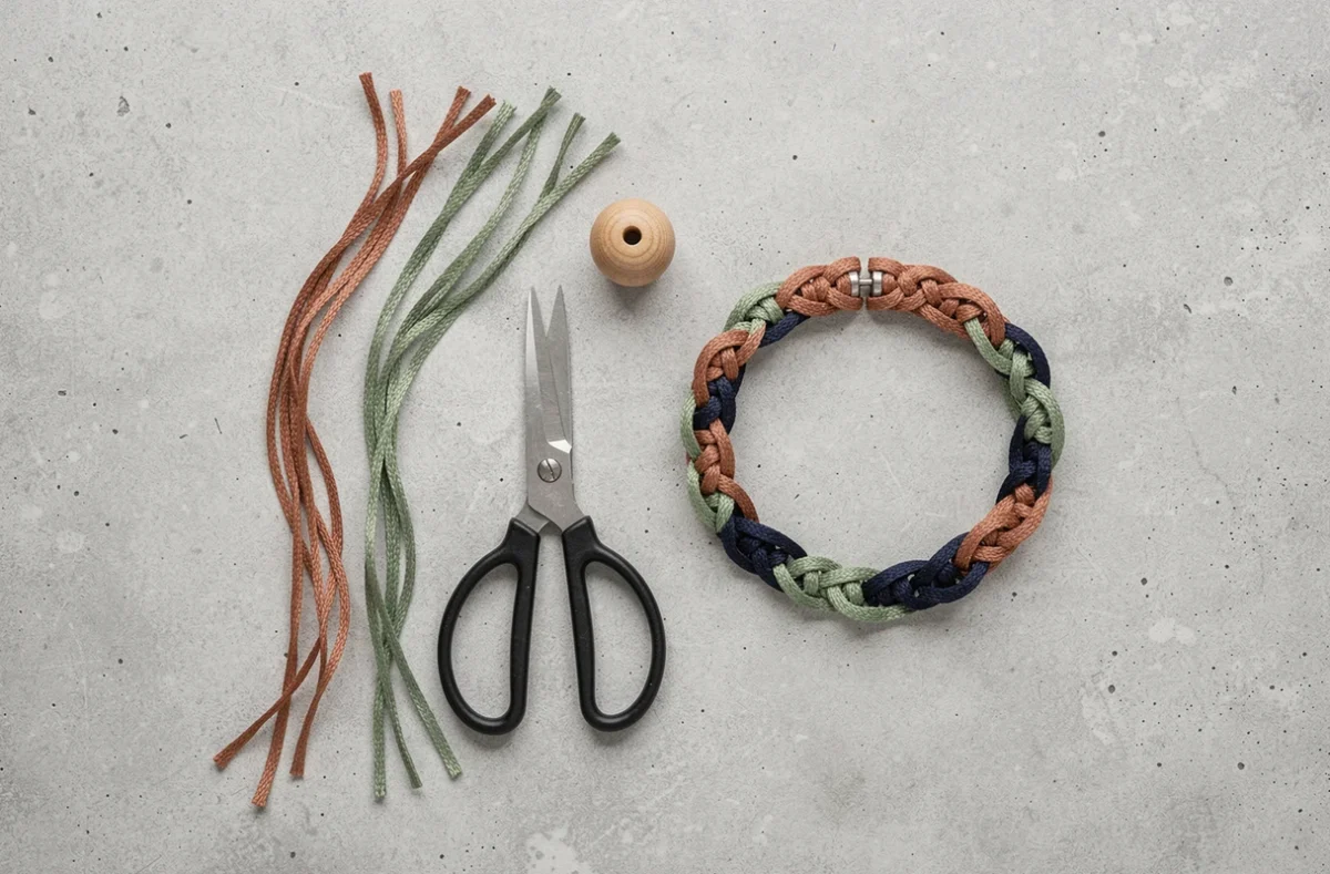 Vue de dessus des matériaux pour fabriquer un bracelet en cordelette avec nœud coulissant : fils colorés, ciseaux et bracelet terminé sur béton gris