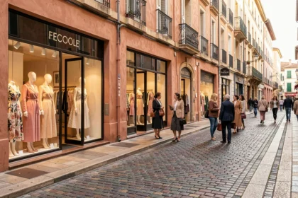 Rue commerçante animée de Toulouse avec des boutiques de prêt-à-porter féminin et des vitrines élégantes