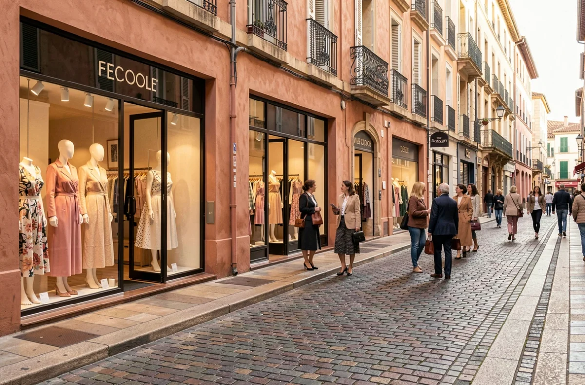 Rue commerçante animée de Toulouse avec des boutiques de prêt-à-porter féminin et des vitrines élégantes