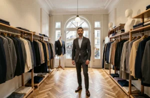 Boutique de costumes pour homme à Paris avec des vêtements sur-mesure exposés sur des portants en bois dans un décor haussmannien élégant