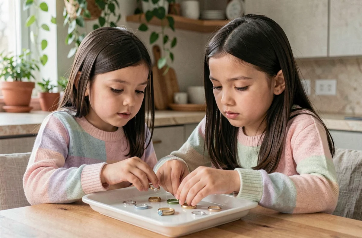 Mère et fille choisissant ensemble la taille idéale d'une bague enfant à la maison