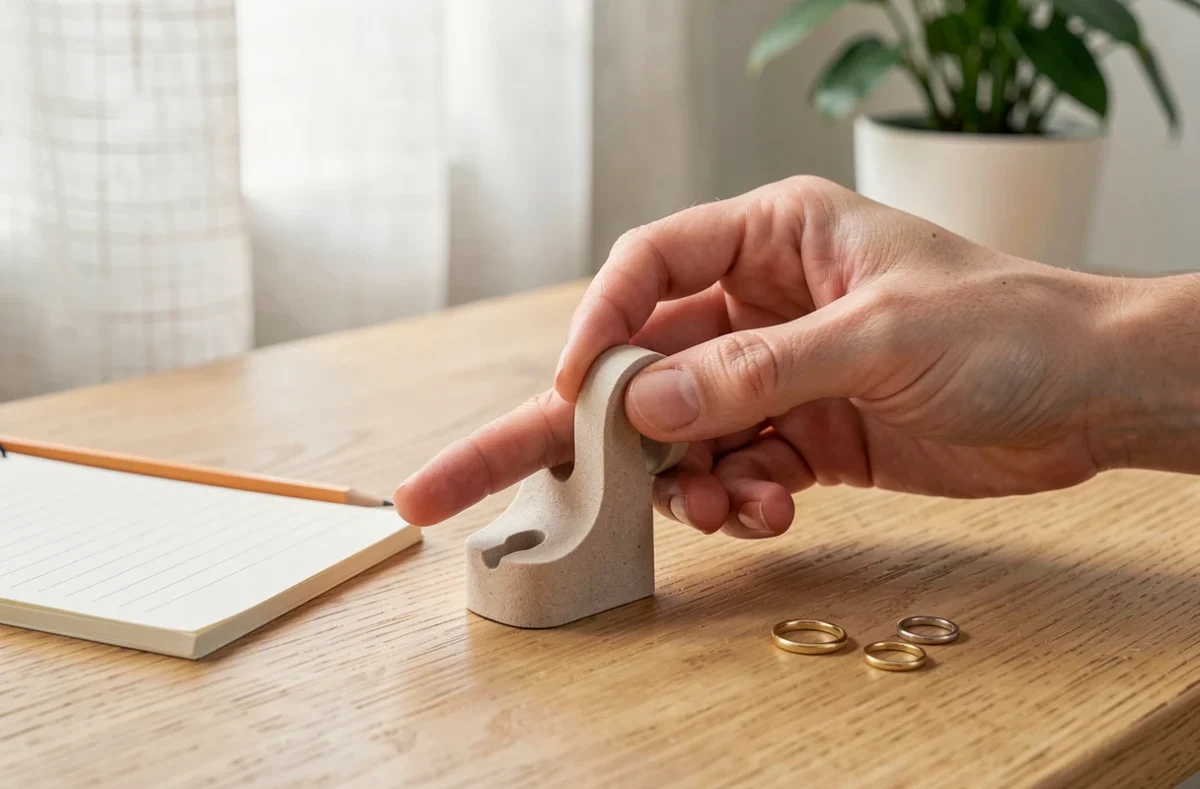 Mesure du doigt d'un enfant avec un guide de taille de bague en papier sur un bureau en bois
