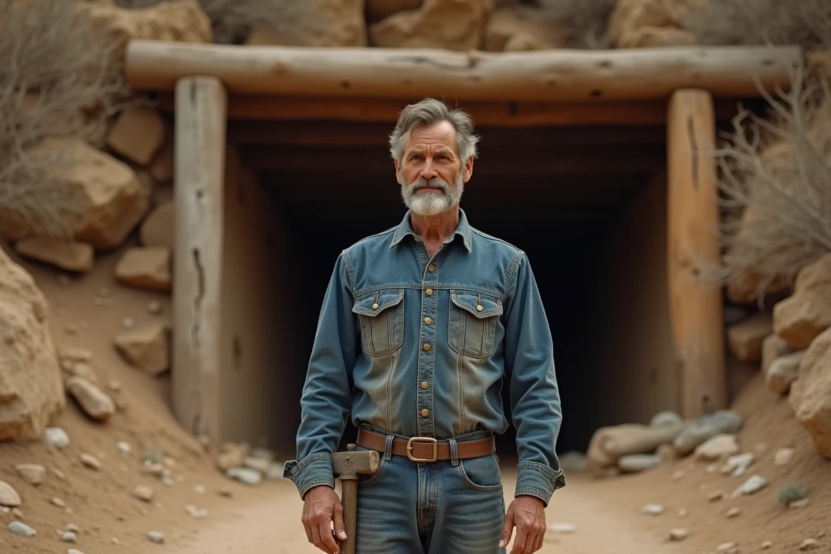 Mineur du XIXe siècle en veste et pantalon denim indigo devant une mine californienne, évoquant les origines ouvrières du jean
