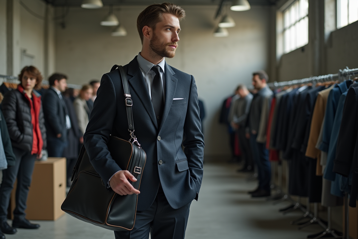Jeune homme modèle en streetwear backstage avec sac à vêtements