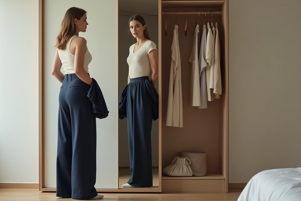 Femme à morphologie en poire choisissant une tenue adaptée à sa silhouette devant un miroir dans une chambre parisienne minimaliste