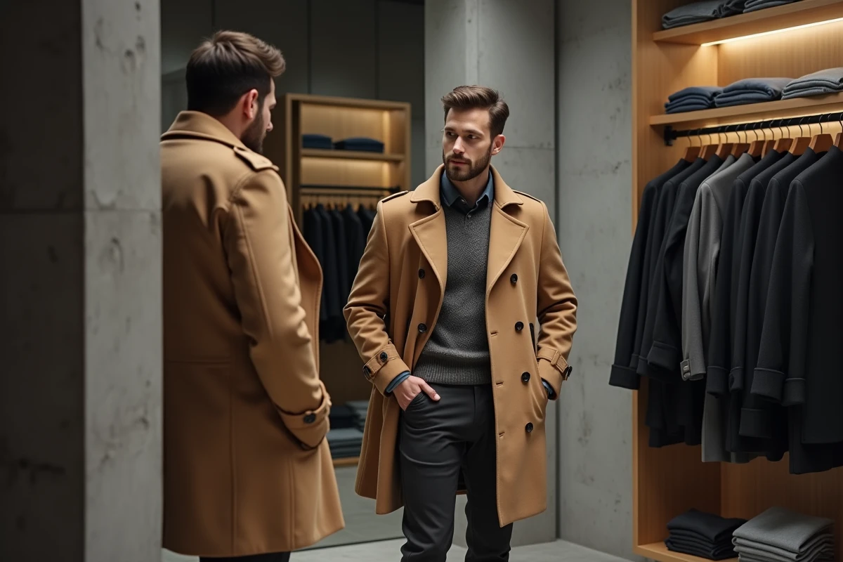 Homme à morphologie rectangulaire essayant un manteau structuré dans une boutique de mode concept store moderne