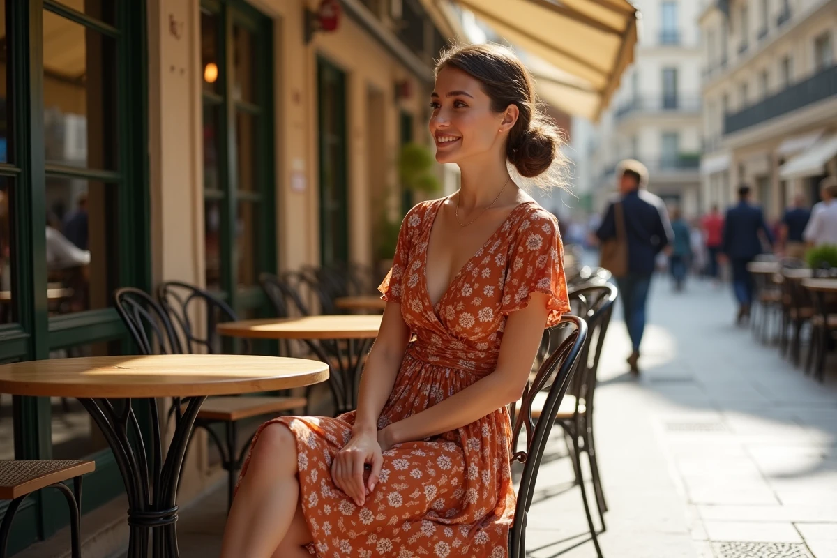 Femme à morphologie ronde portant une robe portefeuille fluide en imprimé terracotta dans un café parisien en plein air