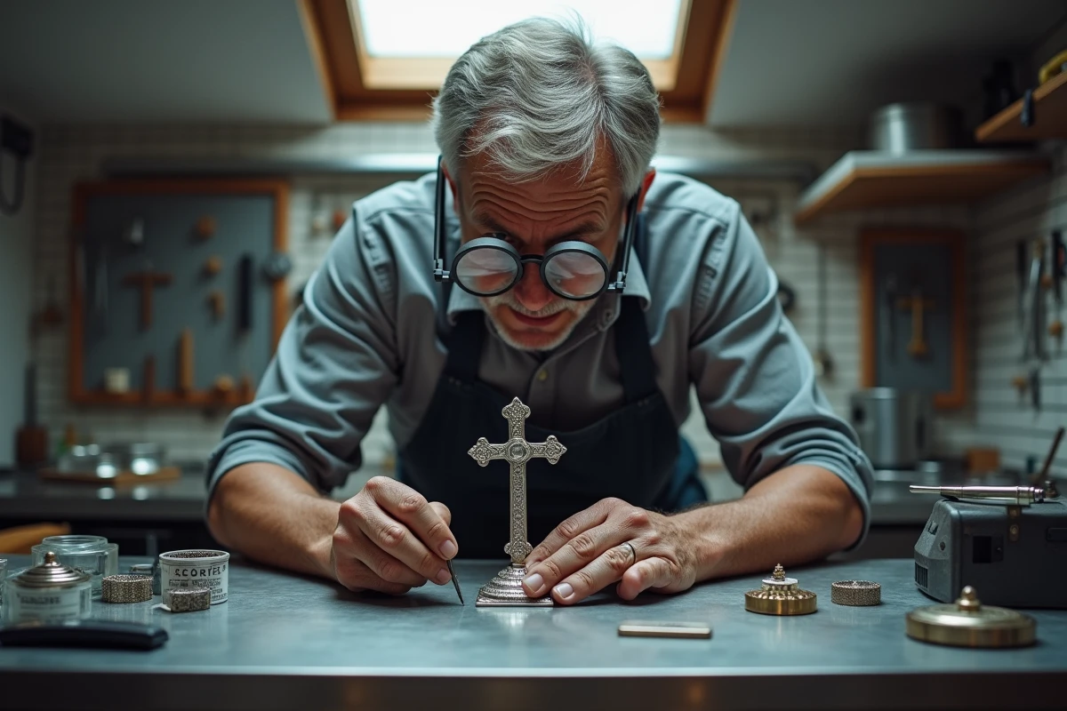 Orfèvre professionnel inspectant les poinçons d'authenticité d'une croix du Portugal dans un atelier de joaillerie