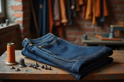 Jeans brut selvedge posé sur un établi d'artisan avec rivets vintage et fil orange, illustrant l'origine ouvrière du denim