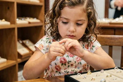 Petite fille essayant une bague argentée dans une bijouterie pour trouver la bonne taille