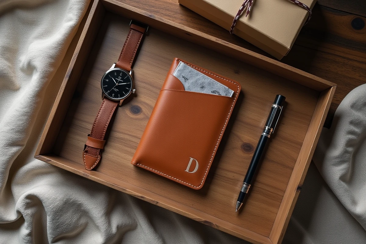 Flat-lay d'une pochette en cuir cognac personnalisée avec montre et stylo plume comme idée cadeau pour homme
