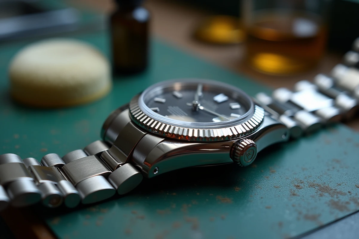 Polissage et nettoyage du bracelet en acier d'une Rolex Datejust avec chiffon chamois et produit d'entretien spécialisé