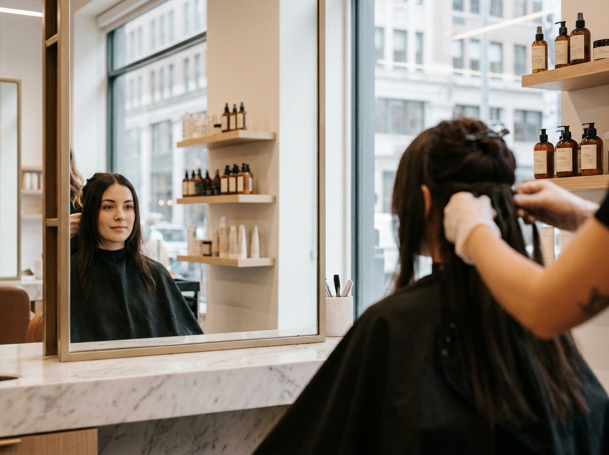 Femme en salon de coiffure lors de la pose d'extensions de cheveux naturels, vue de trois quarts dans un miroir