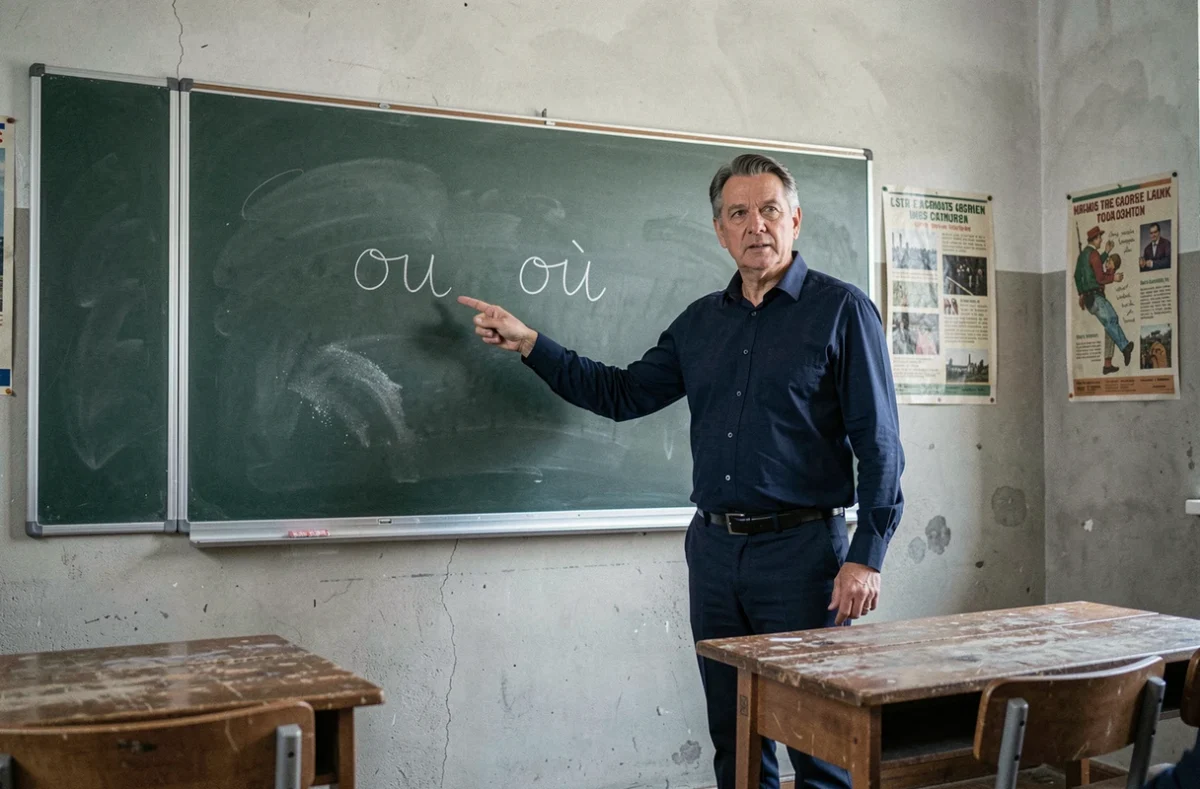 Professeur de français expliquant la règle grammaticale de ou et où devant un tableau